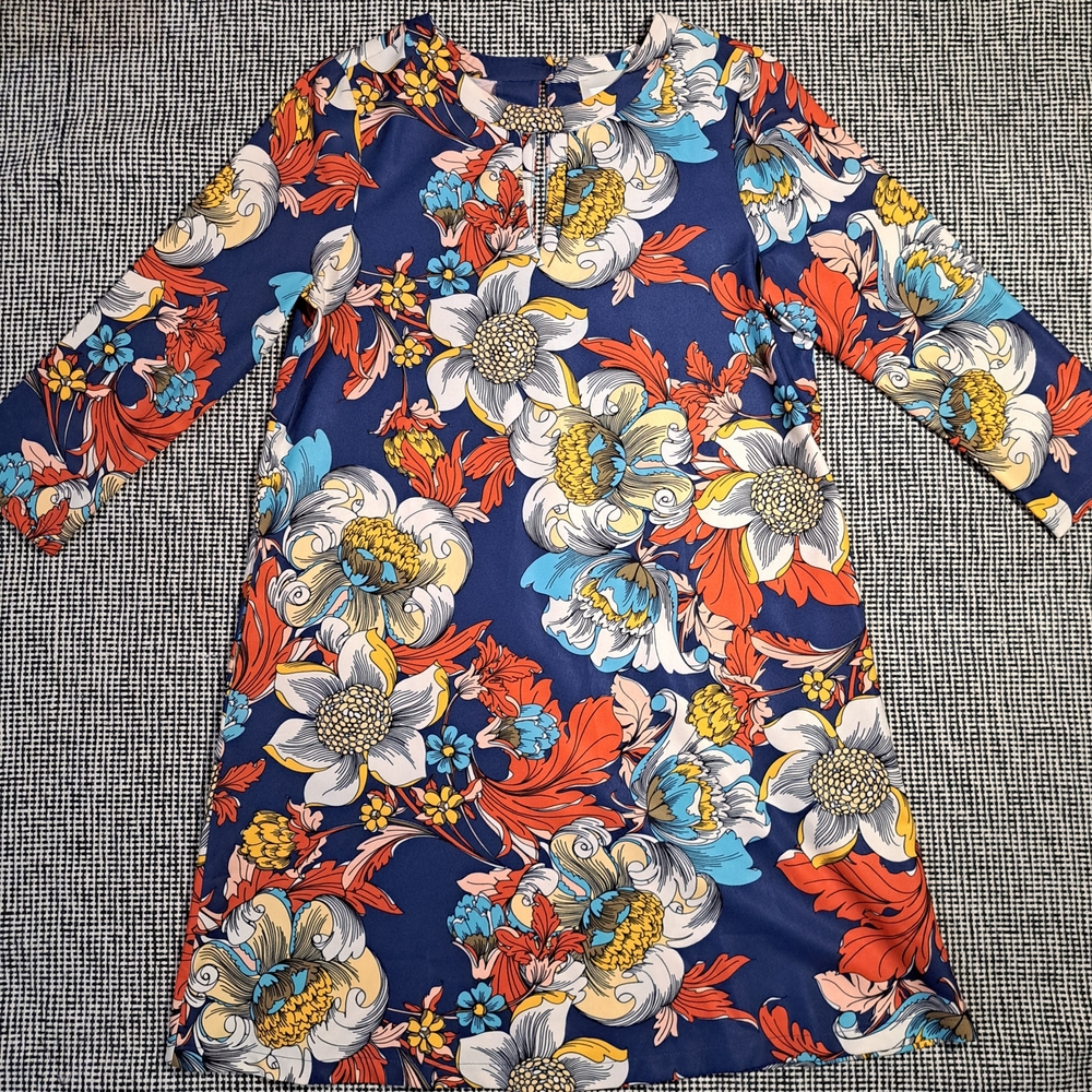 ECI Women's Midi Dress in Blue, Orange, and Yellow Floral